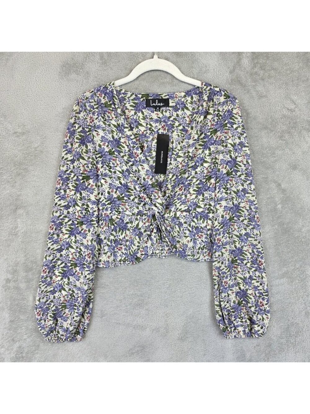 Lulus Blouse Womens M Purple Floral V Neck Long Balloon Sleeve Cropped Smocked